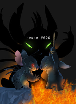 4_arms 4_fingers angry antennae_(anatomy) back_markings back_spines blue_body blue_eyes blue_fur blue_nose blue_pawpads bound chest_tuft clone dangling dipstick_antennae ears_back evil_grin eye_contact fingers fire frown fur green_eyes grey_background group head_tuft looking_at_another markings multi_arm multi_limb multicolored_antennae narrowed_eyes notched_ear pawpads pivoted_ears red_eyes rope silhouette simple_background small_tail smile squint standing tail text tuft lullaby_of_the_lost cc-by-nc-nd creative_commons disney lilo_and_stitch stitch_(lilo_and_stitch) alien experiment_(lilo_and_stitch) 2020 cover_art english_text hi_res watermark
