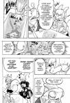 2018 anthro black_and_white breasts cleavage cleavage_cutout clothed clothing comic cookie_(furryfight_chronicles) cutout daigaijin dialogue english_text exclamation_point female fish furryfight_chronicles harry_fishkopp hi_res lagomorph leporid male mammal marine monochrome muko necktie open_mouth rabbit rodent salmon salmonid_(fish) sciurid speech_bubble text tree_squirrel under_boob