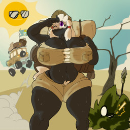 anthro anthrofied big_breasts black_body black_fur breasts car cleavage clothed clothing explorer eyewear female fur hair hiding horn huge_breasts imminent_sex light purple_eyes solo standing sun sunglasses sunlight thick_thighs vehicle white_hair wide_hips sanyo2100 hasbro my_little_pony mythology s.leech_(oc) equid equine living_sun mammal mythological_creature mythological_equine unicorn 1:1 comic hi_res