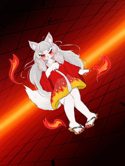 angry anthro asian_clothing claws clothing east_asian_clothing female fire footwear fox_ears fox_tail fur geta hair japanese_clothing kemono kimono long_hair red_background red_claws red_eyes sandals shoes simple_background solo tail white_body white_fur white_tail maxhappy angry_fox_(maxhappy) canid canine fox mammal 3:4 absurd_res hi_res