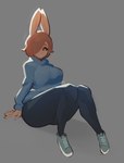 anthro big_breasts breasts brown_hair clothed clothing eyelashes female footwear fur grey_background hair hair_over_eye leggings legwear looking_away one_eye_obstructed orange_eyes shoes simple_background sitting sneakers solo sweater tan_body tan_fur topwear spikedmauler brianne_(spikedmauler) lagomorph leporid mammal rabbit 2021 hi_res signature