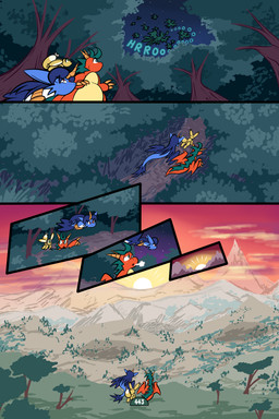 2_horns 6_panel_comic ambiguous_gender balloon balloon_with_face biped black_nose blue_body blue_fur blue_hair blue_text blue_wings bodily_fluids breath brown_body cheek_tuft claws cloud day facial_tuft feathered_wings feathers feral finger_claws floating forest fur gesture green_body green_eyes group hair hand_gesture horn inflatable jewelry looking_at_another looking_up low-angle_view mountain night orange_body outside page_number pendant plant pointing red_eyes sky sound_effects standing star sun sunrise sweat sweatdrop tail tail_feathers text toony tree trio tuft white_sclera wings virmir mythology renbrand roko_kirihoko saida avian canid canine couatl dragon feathered_scalie feathered_snake fox mammal mythological_creature mythological_scalie reptile scalie snake 2025 2:3 absurd_res comic english_text hi_res signature