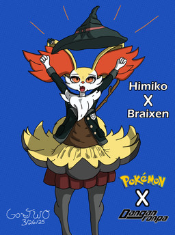 4_fingers ambiguous_anthro ambiguous_gender anthro arm_tuft big_ears biped black_body black_fur blue_background bottomwear cheek_tuft chest_tuft clothed clothed_ambiguous clothed_anthro clothing cosplay cute_fangs eyelashes facial_tuft fangs fingers front_view fully_clothed fully_clothed_ambiguous fully_clothed_anthro fur hat headgear headwear inner_ear_fluff looking_up magic_user multicolored_body multicolored_fur object_in_tail open_mouth orange_body orange_eyes orange_fur orange_inner_ear_fluff orange_nose shoulder_tuft simple_background skirt solo standing stick stick_in_tail tail teeth text tongue tuft uniform white_body white_fur witch_hat yellow_body yellow_fur yellow_tail go-two danganronpa danganronpa_v3 nintendo pokemon spike_chunsoft himiko_yumeno braixen canid generation_6_pokemon mammal pokemon_(species) 2025 absurd_res cel_shading character_name colored crossover dated digital_drawing_(artwork) digital_media_(artwork) english_description english_text hi_res shaded signature female_(lore)