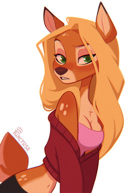 anthro blonde_hair bra brown_body clothing female green_eyes hair long_hair looking_at_viewer open_mouth pink_bra pink_clothing pink_underwear simple_background solo spots sweater topwear underwear furctose cervine deer mammal 2:3 digital_media_(artwork) hi_res