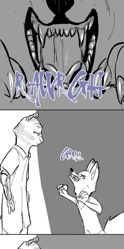 amputee anthro candy cape clothed clothing costume dessert dialogue disability fangs female food group gun handgun hat headgear headwear holidays male ranged_weapon teeth text weapon young replytoanons disney halloween zootopia canid canine canis felid mammal pantherine tiger wolf 2016 absurd_res comic english_text hi_res long_image restricted_palette tall_image