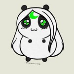 anthro black_body black_fur blush female fur fur_markings green_eyes hair markings parody round_ears simple_background solo white_body white_fur white_hair lunarpanda8686 chiikawa mika_(lunarpanda8686) bear giant_panda mammal 1:1 digital_media_(artwork) full-length_portrait portrait