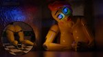 anthro female glowing glowing_eyes hair orange_hair solo stuck through_wall yellow_body lordchica_(artist) five_nights_at_freddy's five_nights_at_freddy's_2 scottgames toy_chica_(fnaf) toy_chica_(psychojohn2) avian bird chicken galliform gallus_(genus) phasianid 3d_(artwork) absurd_res digital_media_(artwork) hi_res