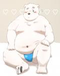 anthro asian_clothing belly big_belly biped blush clothing deep_navel east_asian_clothing fundoshi fur heart_symbol humanoid_hands japanese_clothing male moobs navel nipples one_eye_closed overweight overweight_anthro overweight_male sitting solo underwear white_body white_fur wink maron2475 utau shirane_kan bear mammal polar_bear ursine 2018 hi_res