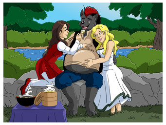 anthro belly big_belly bloated blonde_hair border brown_hair chopsticks dumplings eating feeding female food fur grey_body grey_fur group hair hand_on_belly male overweight overweight_male red_hair stuffing trio white_border fattlestacks canid canine canis human mammal wolf 4:3 absurd_res hi_res