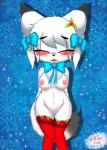 2016 absurd_res anthro areola blush breasts canid canine chest_tuft chibi christmas clothing digital_media_(artwork) eyelashes female fox fur genitals hair hi_res holidays kemono legwear looking_at_viewer mammal milkteafox nipples pussy simple_background smile snowflake solo standing stockings tuft underwear white_body white_fur