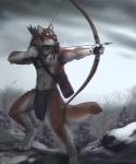 4_toes 5_fingers anthro arrow_(weapon) barefoot biped black_nose black_pawpads blue_eyes bow_(weapon) brown_body brown_fur claws day detailed_background digitigrade feet fingers fur holding_object holding_weapon male outside pawpads ranged_weapon sky snow solo tail toes tribal weapon koul miles_(miles-wolf) canid canine canis mammal wolf 2020 5:6 digital_media_(artwork)