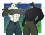 abs anthro biceps big_muscles black_body black_fur bulge clothed clothing duo flexing fur male muscular muscular_anthro muscular_male pecs simple_background smile smoking standing topless zephir beastars blacksad gouhin_(beastars) john_blacksad bear domestic_cat felid feline felis giant_panda mammal crossover digital_media_(artwork) hi_res