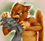 aggressive angry annoyed anthro bite casual_nudity cheek_tuft claws cross-popping_vein duo ears_back faceless_character facial_tuft fangs fluffy fluffy_tail fur fuzzy green_eyes grey_body grey_fur hand_grab imminent_bite male messy_tail nails narrowed_eyes open_mouth orange_body orange_fur pivoted_ears raised_tail simple_background size_difference solo_focus stiff_tail straight_tail tail teeth tuft whiskers cgamer dreamworks puss_in_boots_(dreamworks) death_(puss_in_boots) puss_in_boots_(character) canid canine canis domestic_cat felid feline felis mammal wolf hi_res