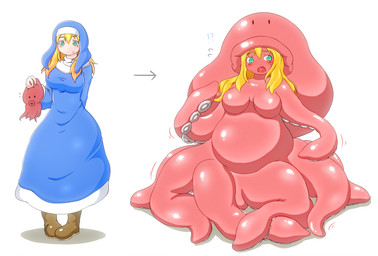 blonde_hair blue_clothing blue_dress blush breasts clothing contextual_arrow directional_arrow dress duo female feral green_eyes hair merging nude sequential_arrow simple_background standing surprised tentacles transformation white_background izumi_(artist) aquatic cephalopod coleoid human mammal mollusk octopodiform 2014