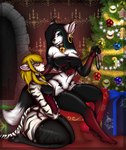 anthro clothing collar duo female female/female holidays leash legwear paws thigh_highs madeena8521 christmas nyla_(whitekitteh) xena_(madeena8521) canid canine felid mammal pantherine tiger hi_res trans_(lore) trans_woman_(lore)