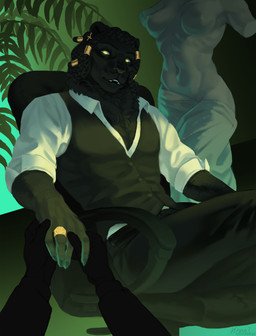 anthro black_body black_fur breasts chair clothing cross cross_ear_piercing cross_piercing dreadlocks fur furniture glowing glowing_eyes gold_(metal) gold_jewelry jewelry male muscular muscular_anthro muscular_male office office_chair piercing ring sculpture solo statue suit kraaisha horus_wild felid lion mammal pantherine absurd_res hi_res
