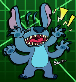 3_toes 4_arms 4_fingers ambiguous_gender antennae_(anatomy) anthro black_eyes black_outline blue_body blue_claws blue_fur blue_nose blue_pawpads claws dipstick_antennae feet finger_claws fingers fur geometric_background gradient_background green_background grid_background head_tuft multi_arm multi_limb multicolored_antennae narrowed_eyes open_mouth outline pattern_background pawpads raised_arms red_mouth red_tongue sharp_teeth simple_background solo teeth toe_claws toes tongue tuft sertimus disney lilo_and_stitch stitch_(lilo_and_stitch) alien experiment_(lilo_and_stitch) 2025 digital_media_(artwork)