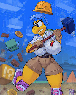 anthro armor big_breasts biped blueprint blueprint_background bottomwear breasts censored_genitalia censored_nipples censored_vulva clothed clothing eyewear female footwear goggles hammer headgear helmet shirt shoes shorts solo text thick_thighs tools topwear working snao mario_bros nintendo super_mario_maker green_koopa_troopa koopa koopa_troopa reptile scalie tortoise turtle 2025 censored dated english_text hi_res