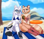 accessory anthro beach bikini breasts clothing cloud crossed_legs duo eyewear female glasses hair open_mouth palm_tree pawpads paws plant pool_toy rock sand sitting sitting_on_ground sky swimwear tail towel tree two-piece_swimsuit bonbonsart fio_(wipfenfels) ailurid arctic_fox canid canine fox mammal red_panda true_fox full-length_portrait hi_res portrait