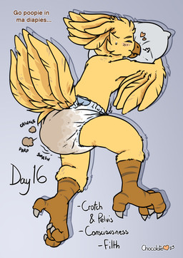 ambiguous_gender anthro bodily_noises clothed clothing diaper diaper_only feces lying on_front pooping sleep_pooping sleeping soiled_diaper soiling soiling_diaper solo topless unclean_diaper used_diaper using_diaper wearing_diaper chocolatekitsune final_fantasy square_enix avian chocobo hi_res