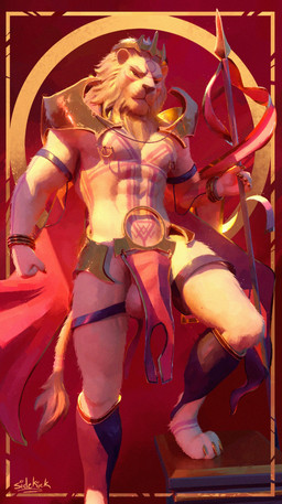 4_toes 5_fingers abs anthro armor athletic athletic_anthro athletic_male balls barely_visible_genitalia big_balls blonde_mane bottomwear brown_nose chest_tattoo clothed clothed_anthro clothed_male clothing crown feet fingers forehead_tattoo fur genitals headgear hindpaw humanoid_hands loincloth male mane melee_weapon nipple_piercing nipple_ring nipples paws piercing polearm ring_piercing shoulder_pads small_hands solo spear tan_body tan_fur tattoo toes unconvincing_armor weapon wearing_crown sidekick leonidas_(sidekick) felid lion mammal pantherine hi_res
