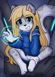 anthro barefoot black_nose blonde_hair bottomless clothed clothing feet female fur genitals grey_body grey_fur hair machine paws pussy science_fiction solo tail young dream_mirage android felid mammal pantherine robot snow_leopard absurd_res hi_res