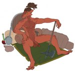 anthro athletic athletic_anthro athletic_male axe bag balls brown_hair claws dreadlocks erection genitals glans hair halberd humanoid_genitalia humanoid_penis looking_at_viewer male melee_weapon nipples nude pan penis polearm potion_bottle red_body red_scales scales simple_background sitting smile solo tied_hair weapon white_background reptilian_orbit kareed lizard reptile scalie 2022