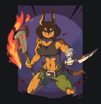 anthro axe clothing female fire flaming_weapon fur holding_axe holding_knife holding_object holding_weapon knife melee_weapon midriff muscular muscular_female solo tan_body tan_fur torn_clothing weapon rammytheram dog_knight_rpg rory_(ceehaz) canid canine canis dobermann domestic_dog mammal pinscher 2022 hi_res