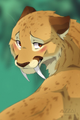 big_fangs blurred_background blush blush_lines brown_ears brown_eyes brown_markings brown_nose fangs feral fur inner_ear_fluff looking_away male markings multicolored_body multicolored_fur rear_view sabertooth_(anatomy) snout solo spots spotted_body spotted_fur spotted_markings striped_markings stripes tan_body tan_fur teeth tuft whiskers white_whiskers azzai felid mammal prehistoric_species saber-toothed_tiger 2019 colored digital_drawing_(artwork) digital_media_(artwork) shaded
