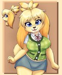 4_fingers anthro big_breasts blonde_hair blue_eyes bottomwear breasts cardigan clothing eyebrows eyelashes female fingers fur hair looking_at_viewer open_mouth open_smile shirt skirt smile solo topwear yellow_body yellow_fur saikyoryuuougi animal_crossing nintendo isabelle_(animal_crossing) canid canine canis domestic_dog mammal shih_tzu toy_dog 2024 absurd_res hi_res