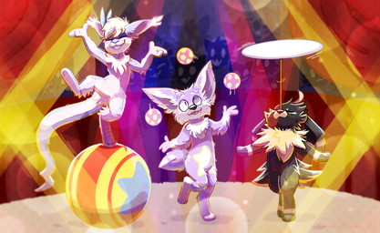 balancing biped circus clown crowd detailed_background dizzy eyes_closed group inside juggling light on_one_leg plate_spinning spotlight standing tail tongue tongue_out trio_focus year crownedvictory canid mammal 2020 dated digital_media_(artwork) hi_res lighting shaded signature