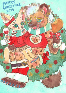alcohol anthro beverage bottomwear bow_ribbon breasts christmas_clothing claws cleavage_cutout clothed clothing container cup cutout drinking_glass duo ear_piercing ear_ring female food fur glass glass_container glass_cup hair holidays licking licking_lips meat piercing ribbons ring_piercing scarf sweater tongue tongue_out topwear wine wine_glass kyokyota christmas canid canine fennec_fox fox hyena mammal spotted_hyena true_fox 2024 hi_res traditional_media_(artwork)