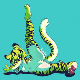 anthro black_eyes blonde_hair breasts featureless_breasts featureless_crotch female fur hair looking_back navel nude null pawpads paws simple_background solo spread_legs spreading striped_body stripes tail yellow_body yellow_fur doover80s felid feline mammal pantherine tiger 1:1 2025 absurd_res hi_res