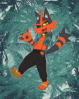 3_toes anthro clothed clothing collar feet footwear fur harem_pants male markings open_clothing open_shirt open_topwear pattern_background pawpads paws sandals shirt shoes simple_background slightly_chubby solo striped_body striped_fur striped_markings striped_tail stripes tail tail_markings toes topwear smoothiemaykr nintendo pokemon felid feline generation_7_pokemon mammal pokemon_(species) torracat hi_res