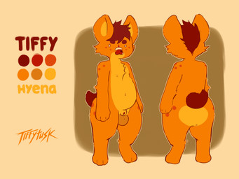 3_toes 4_fingers animal_genitalia animal_penis anthro arm_tuft balls belly brown_hair brown_tail butt cheek_tuft chest_tuft countershade_face countershade_fur countershade_torso countershading dark_balls facial_hair facial_tuft fangs feet fingers flaccid fully_sheathed fur genitals grin hair kemono male markings nude orange_body orange_ears orange_fur overweight paws penile penis red_penis sheath simple_background slightly_chubby slightly_chubby_male smile solo spots spotted_body spotted_fur tail tan_body tan_fur tan_sheath teeth text toes tuft tusks young young_anthro young_male tiffytusk tiffy_tusk hyena mammal spotted_hyena 2025 4:3 absurd_res digital_media_(artwork) hi_res model_sheet signature translated