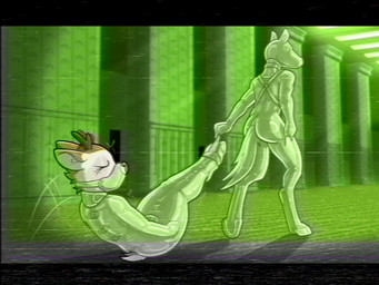 anthro antlers bdsm bondage bound clothing digitigrade dragging duo harness horn latex latex_clothing male muzzle_(object) muzzled sleepsack vhs_filter stripedcrocodile the_backrooms deer equid equine horse mammal hi_res