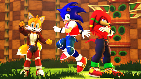 anthro clothed clothing crossed_arms green_hill_zone group jumping looking_at_viewer male male_anthro midair muscular muscular_anthro muscular_male pose shirtless shirtless_anthro shirtless_male smile topless topless_anthro topless_male totem_pole trio rocketspuff kabalmystic_(modeler) sega sonic_the_hedgehog_(series) knuckles_the_echidna miles_prower sonic_the_hedgehog canid canine echidna eulipotyphlan fox hedgehog mammal monotreme 16:9 3d_(artwork) 4k absurd_res digital_media_(artwork) hi_res widescreen