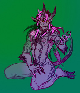 ear_piercing ear_ring grey_body hair horn humanoid_pointy_ears kneeling long_hair looking_at_viewer male male_humanoid markings mouth_closed nipples piercing pink_hair pointy_ears pubes purple_nipples ring_piercing simple_background slim_human slim_humanoid slim_male 0ct0m0n0 humanoid hi_res restricted_palette