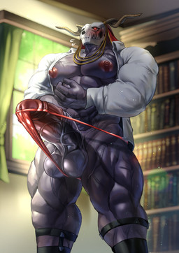 5_fingers abs balls big_penis blush bodily_fluids bone clothed clothing erection erection_under_clothing fingers footwear garter_belt garter_belt_socks garter_straps genital_fluids genitals head_accessory horn humanoid_genitalia humanoid_penis inside male muscular muscular_male muscular_thighs nipples open_clothing open_topwear pecs penis precum purple_body red_eyes skull skull_head socks solo standing tight_clothing tight_underwear topwear vein veiny_muscles veiny_penis yukihoshiak the_ancient_magus'_bride elias_ainsworth demon humanoid 2025 absurd_res digital_media_(artwork) hi_res