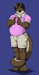 anthro blue_background blue_eyes bottomwear brown_body brown_fur brown_hair clothed_male clothing feet frown fur hair insecure male membrane_(anatomy) otter_tail pink_clothing pink_shirt pink_topwear sad shirt shorts simple_background solo topwear webbed_hands whiskers pandottermon mammal mustelid otter