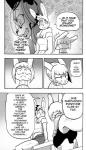 anthro bodily_fluids breasts clothed clothing comic cookie_(furryfight_chronicles) daigaijin dialogue english_text female furryfight_chronicles hi_res lagomorph leporid mammal monochrome muko nyarai_(furryfight_chronicles) rabbit rodent sciurid sweat text tree_squirrel