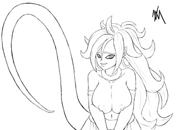 big_breasts breast_squish breasts embarrassed female hair jewelry long_hair nipples not_furry smile solo squish nekomajinsama dragon_ball dragon_ball_fighterz android_21 majin_android_21 humanoid hi_res line_art monochrome