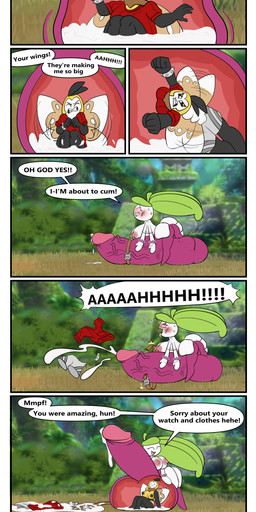anthro balls big_balls big_breasts big_penis blush breasts butt cock_vore duo ejaculation female genitals gynomorph handjob huge_penis humanoid_genitalia humanoid_penis hyper hyper_genitalia hyper_penis inside_balls internal intersex intersex/female penile penis sex text vibrating vore smushpretzel nintendo pokemon renae_(taomaiko) generation_7_pokemon pokemon_(species) ribombee steenee absurd_res english_text hi_res