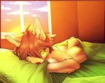 anthro bed breasts brown_body brown_fur brown_hair butt canid canine canis catherinemeow clothing detailed_background female fluffy fluffy_tail fur furniture hair lying mammal multicolored_body multicolored_fur on_bed one_eye_closed pillow smile solo tail two_tone_body two_tone_fur underwear wolf yellow_eyes