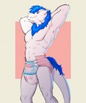 abs anthro athletic athletic_anthro athletic_male blue_body blue_fur blue_sclera bunnyhopps_(diaper) clean_diaper clothed clothing diaper diaper_only fur hand_behind_head horn male muscular muscular_male no_pupils pecs solo topless wearing_diaper white_body syeenyeen abuniverse bunnyhopps snubby wickerbeast 2024 hi_res