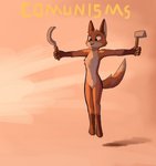 anthro communism featureless_crotch fur hammer_and_sickle holding_object holding_tool humor light male nude orange_body orange_fur politics sickle solo tail text tools enginetrap canid canine fox mammal 2020 digital_media_(artwork) english_text hi_res lighting shaded