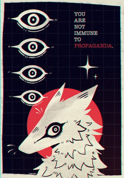 3d_effect anthro big_eyes black_background fur graph_paper mouth_closed propaganda_poster red_background simple_background solo star text white_body white_fur honeymoss anaglyph english_text hi_res signature stereogram