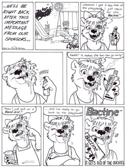 anthro band-aid bandage body_horror bone dark_humor dialogue exposed_bone exposed_skull female gore group humor male skull solo_focus sun text what wounded young young_anthro james_m_hardiman penance bear mammal black_and_white comic english_text monochrome