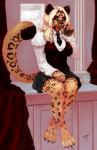 anthro bottomwear breasts claws clothed clothing female fur green_eyes hair paws sitting skirt solo spots temple young mechamerc velvet_(mechamerc) felid hybrid hyena leopard mammal pantherine spotted_hyena 2017 hi_res