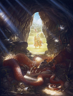 ambiguous_gender armor cave cloud day detailed_background feral flag grass group headgear helmet hooves horn knight lying melee_weapon on_front plant plate_armor polearm red_body red_scales scales sharp_teeth smoke smoke_from_nose spear sword tail teeth treasure tree walking warrior weapon justin_gerard mythology dragon equid equine horse human mammal mythological_creature mythological_scalie scalie 2018 hi_res